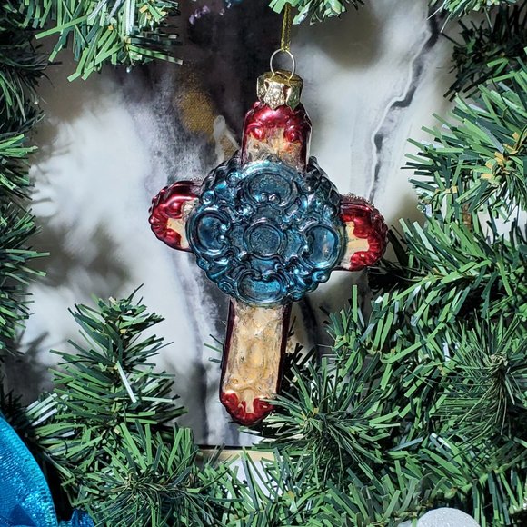 Painted Glittery Plastic Cross Christmas Ornament - Picture 2 of 4